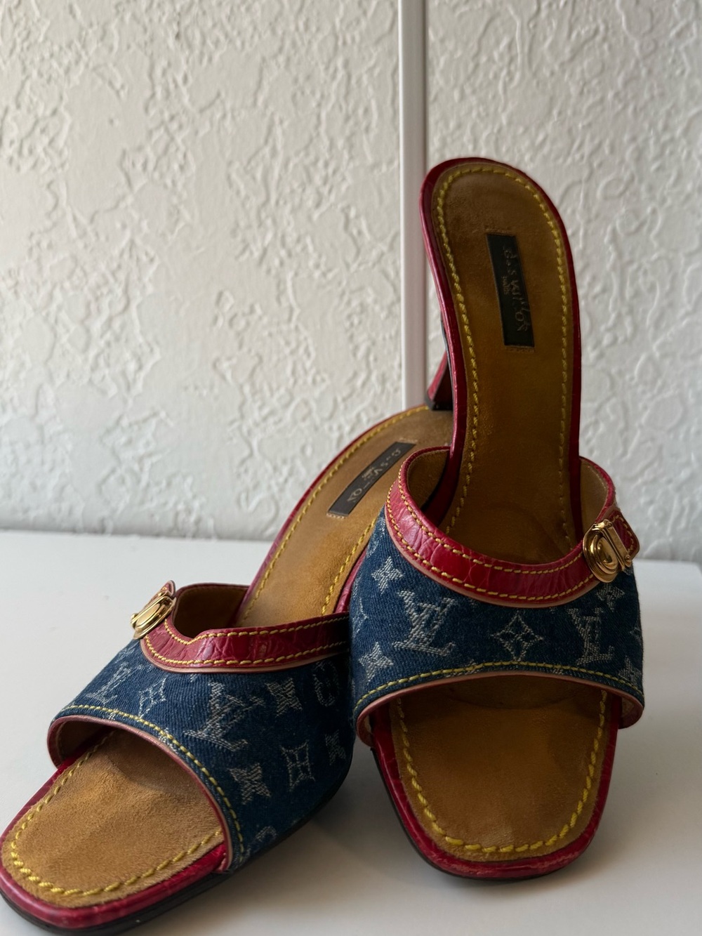 Louis Vuitton Denim & Red Leather Slide Mules Size 37